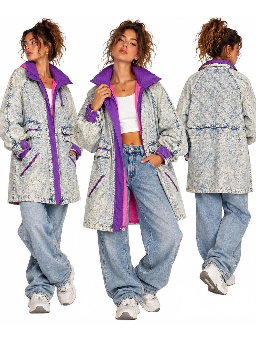 Vintage Northwest Blue Acid Wash Denim Parka Coat Purple Pink M 80s 90s